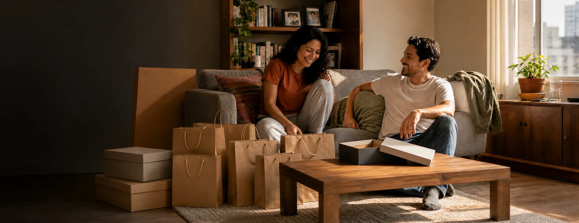 A couple unboxing online orders at home