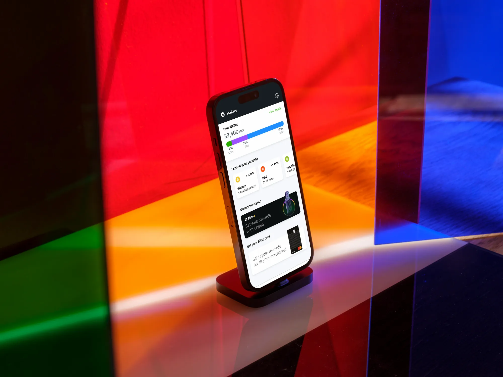 Bitso app lit by coloured light